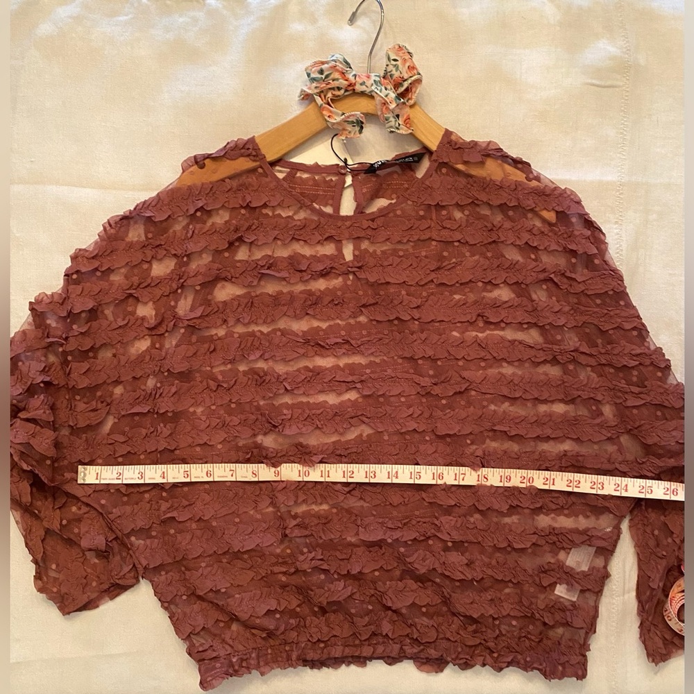 Zara ruffled sheer, pink/mauve long sleeve blouse boho-size L, NWT Easter color - Picture 5 of 10